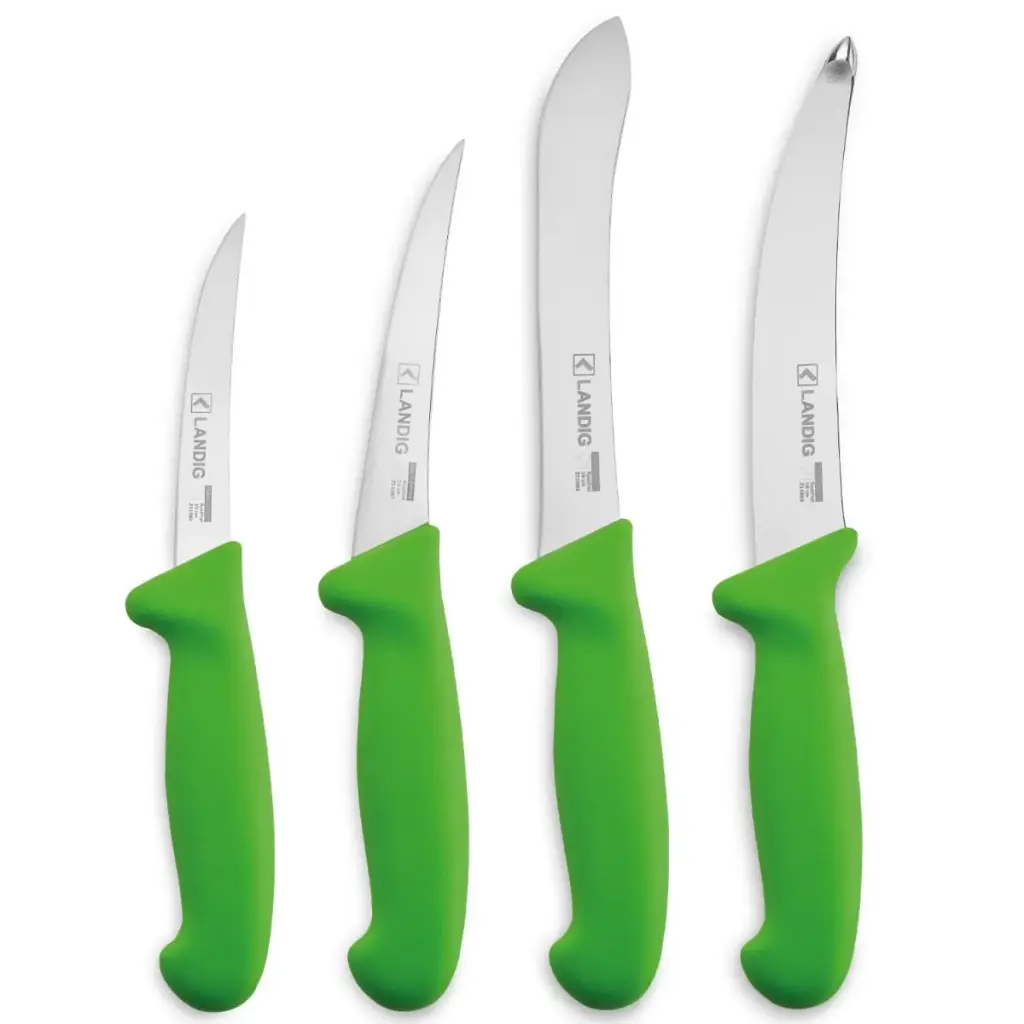 Set van 4 groene slagersmessen voor professionele snijwerkzaamheden